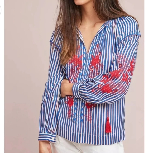 Anthropologie Ranna Gill Blue and White Striped Top With Red Embroidery Size XS - Picture 1 of 9